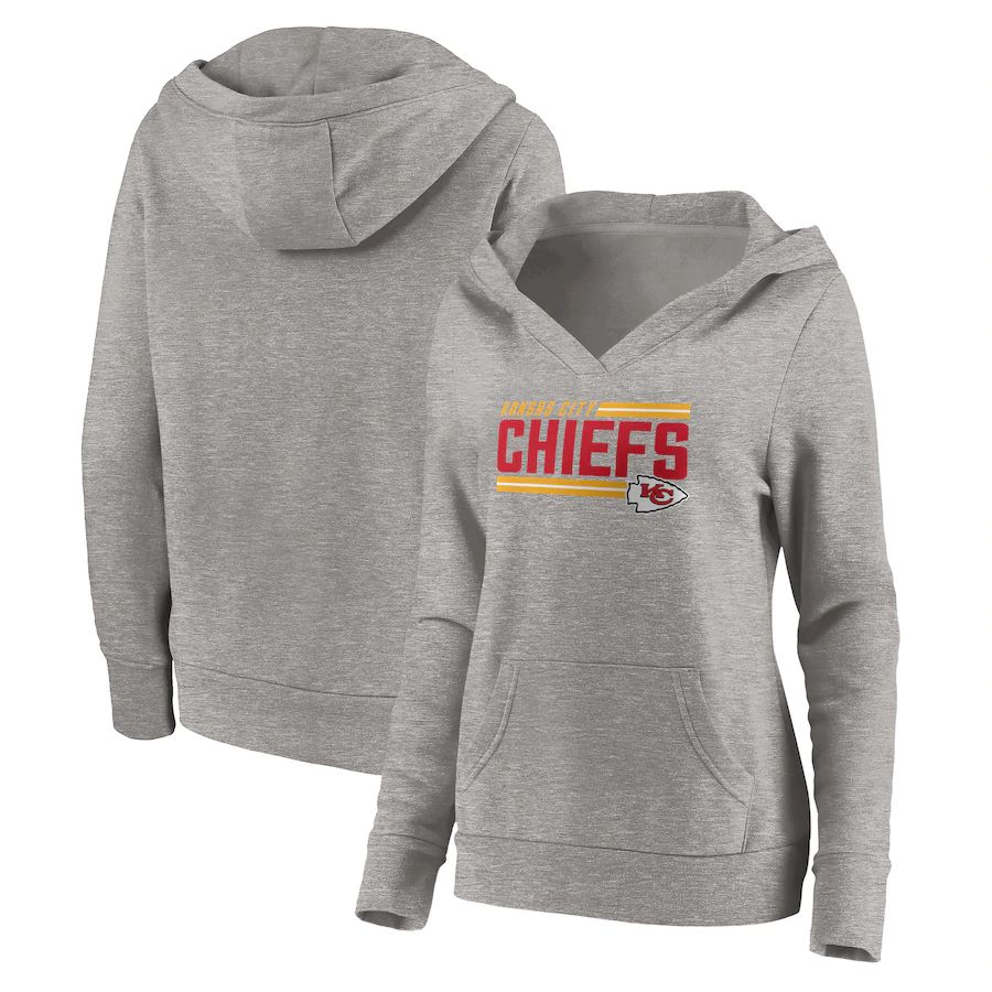 Women Kansas City Chiefs Fanatics Branded Heathered Gray On Side Stripe V-Neck Pullover Hoodie